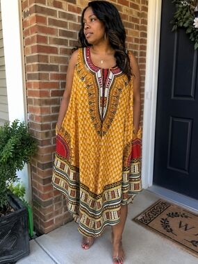 Boho Sleeveless Maxi Dress in Mustard Yellow with Red Accents